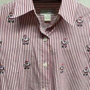 Studio Works Vintage Christmas Embroidered Santa Button Up Striped Shirt